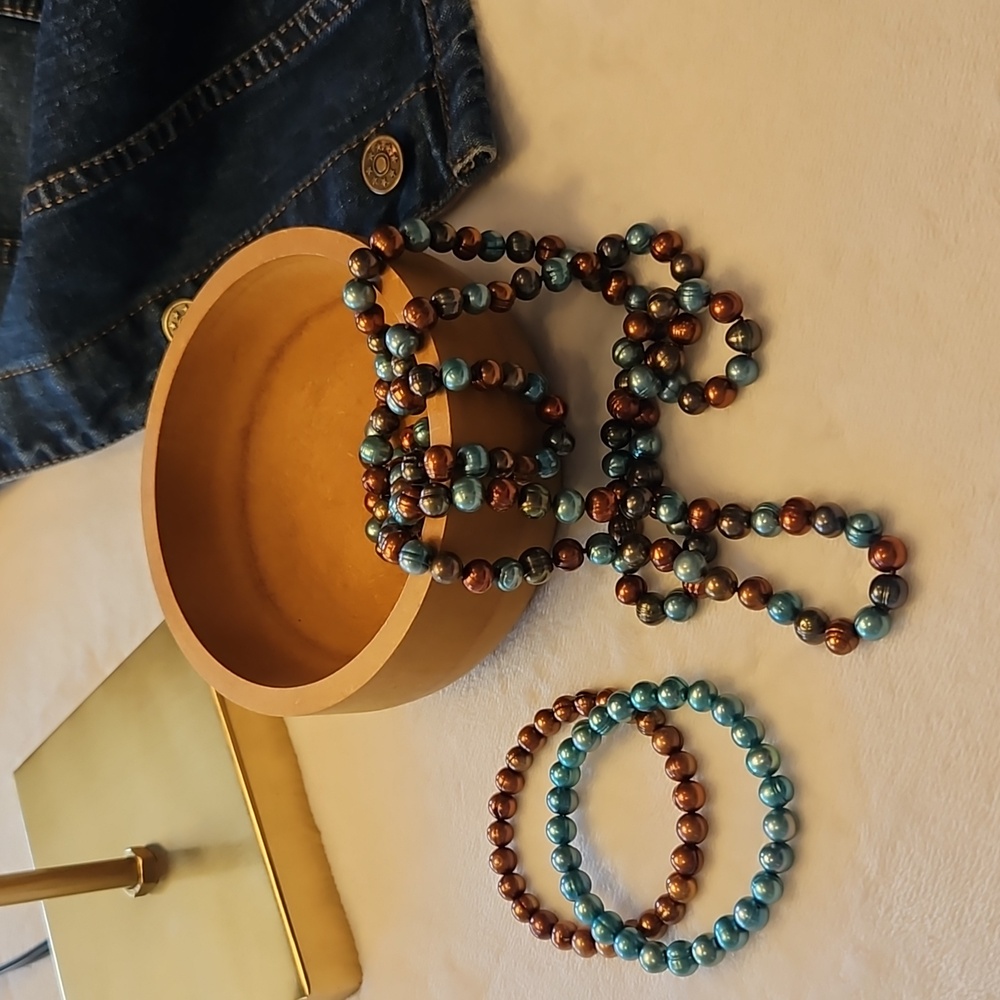 Honora blue and brown ringed pearl necklace and matching bracelets